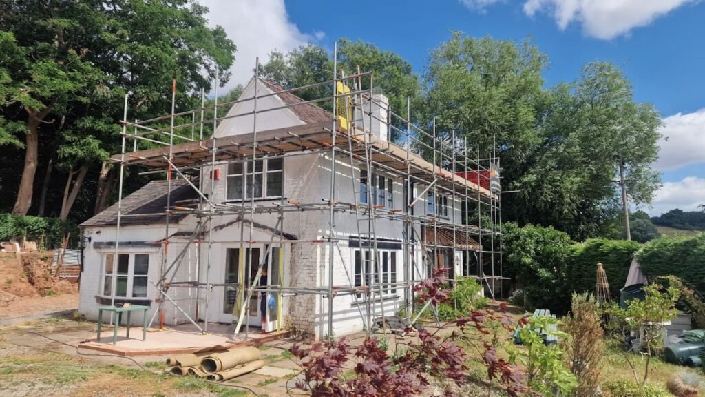 Domestic scaffolding for roof work on a Birmingham semi-detached home